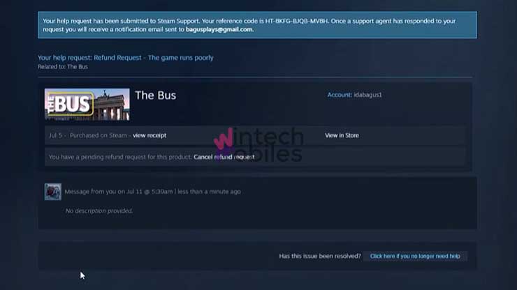 Pengajuan Refund Steam Terkirim