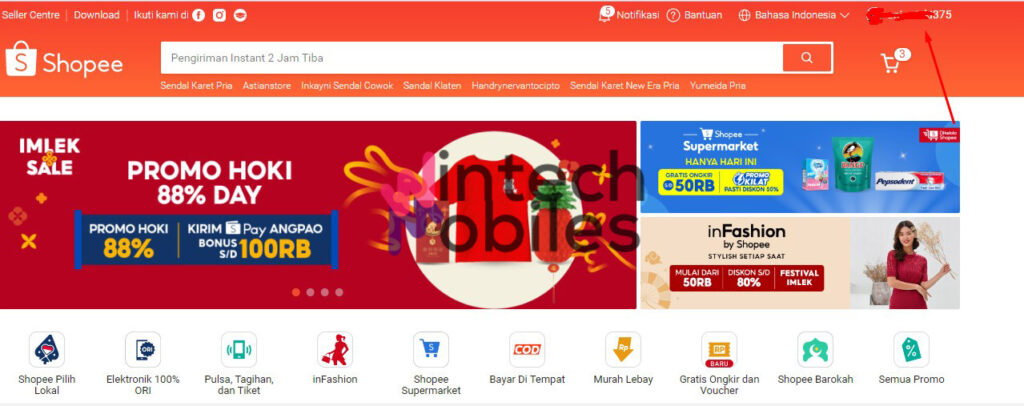 pilih akun pojok kanan atas website shopee