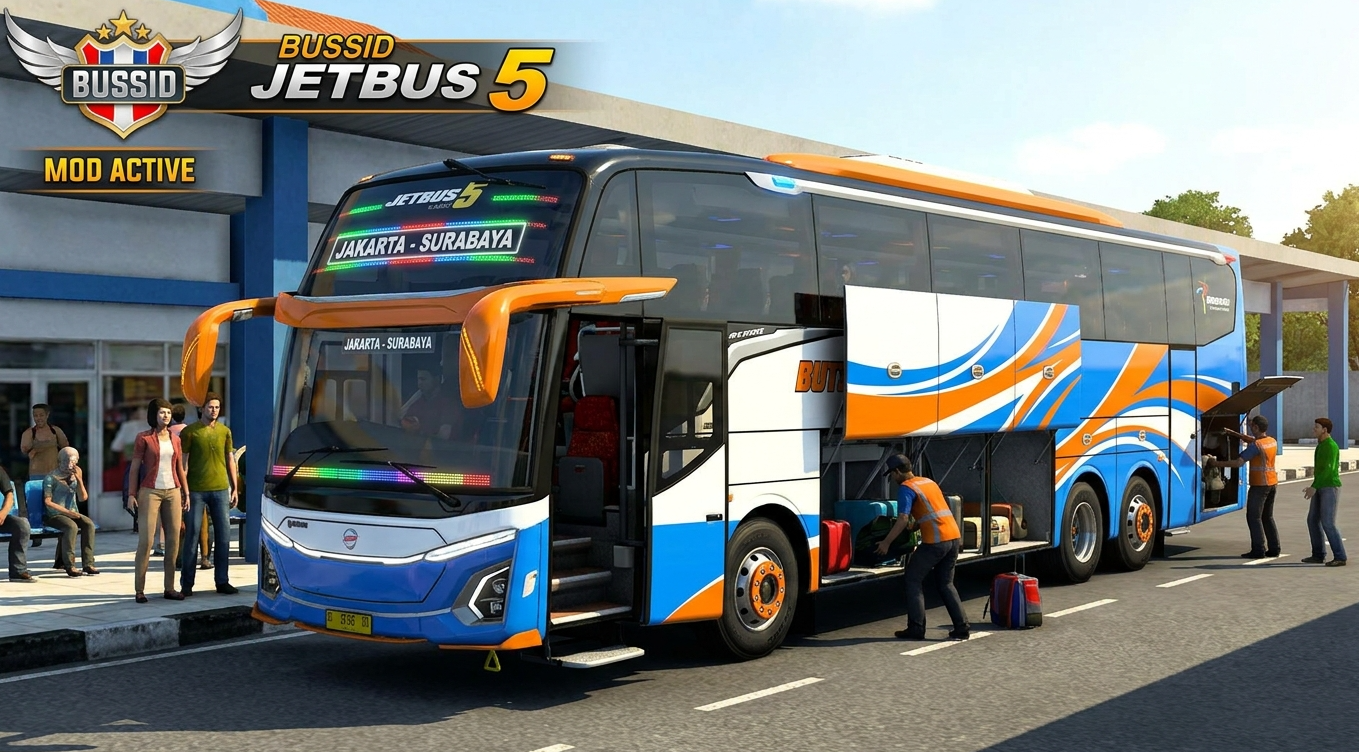 Download Mod BUSSID Jetbus 5 Terbaru Full Animasi 1 Tampilan eksterior mod BUSSID Jetbus 5